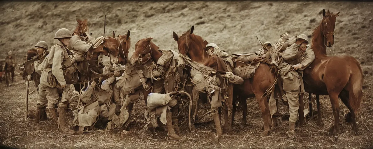 Prompt: soldiers feeding hungry horses spaghetti, world war 1, canon 5 0 mm, kodachrome, in the style of wes anderson, retro