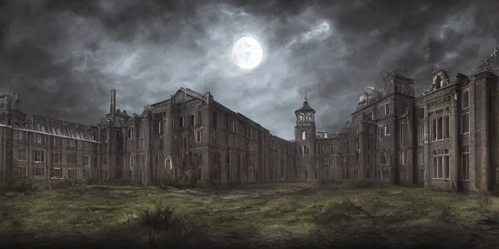 Image similar to Lunatic Asylum, majestic, mysterious, epic scenery, dark fantasy, concept art, wide angle