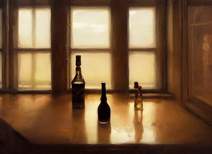 Image similar to oil painting of whiskey bottle, malt, barley plants, grain, art by anders zorn, wonderful masterpiece by greg rutkowski, beautiful cinematic light, backlit, window cast shadows, american romanticism by greg manchess, creation by tyler edlin