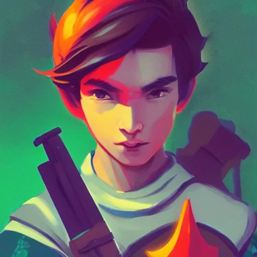 Prompt: a stylized portrait of a young boy as a warrior with a sword and revolver, overwatch style, stylized, arcane magic, orange and green power, vaporwave, volumetric light from above, background by liam wong, art by raymond swanland + marc simonetti + greg rutkowski + harumi hironaka