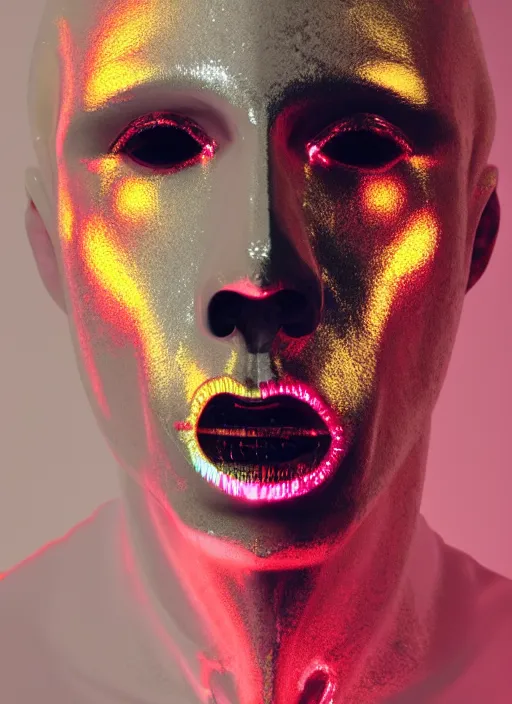Image similar to photo of baroque and bladerunner delicate neon diamond sculpture of ceramic albino king diego barrueco seductive delicious lip licking, creamy orange iridescent humanoid deity wearing white fluffy hoody holding diamond skull in a black metallic dungeon, reclining, glowing rainbow face, crown of white diamonds, cinematic lighting, photorealistic, octane render 8 k depth of field 3 d