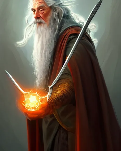 Image similar to Gandalf the grey casting a magic giant fork spell, crimson led, glowing, D&D, fantasy, intricate, elegant, highly detailed, digital painting, artstation, concept art, matte, sharp focus, illustration, hearthstone, art by Artgerm and Greg Rutkowski and Alphonse Mucha