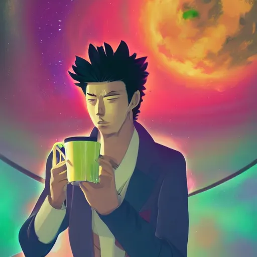 Image similar to A man drinking a cup of cosmic energy bright light by Masafumi Harada, 4k, digital art, surreal, anime style, space dandy style, highly detailed, godsend, artstation