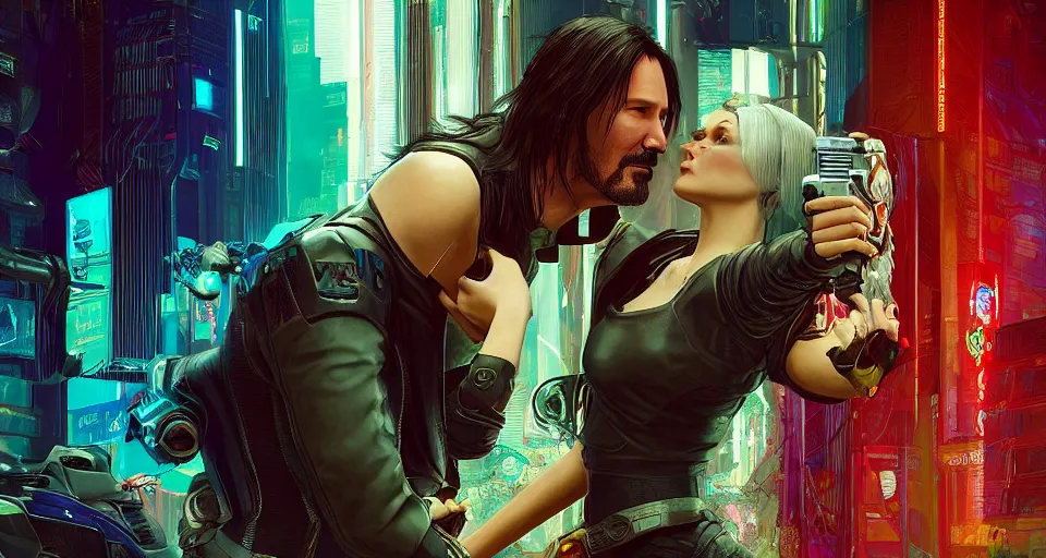 Image similar to a cyberpunk 2077 srcreenshot couple portrait of a Keanu Reeves and a female android in final kiss,love,film lighting,by Laurie Greasley,Lawrence Alma-Tadema,Dan Mumford,John Wick,Speed,Replicas,artstation,deviantart,FAN ART,full of color,Digital painting,face enhance,highly detailed,8K,octane,golden ratio,cinematic lighting