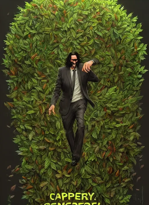 Image similar to highly detailed comedy caper movie poster with silly wacky zany keanu reeves as a sentient pile of leaves, keanu reeves green face as a sentient leafy bush by greg rutkowski, masterpiece, really funny, 1 0 / 1 0 comedy