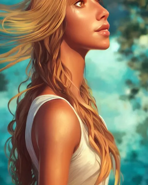 Prompt: summer vibes, beautiful sun tanned goddess portrait, flowy sunkissed hair, sun, summer, cinematic lighting, highly detailed, digital painting, trending on artstation, pixiv, concept art, sharp focus, illustration, art by ross tran and wlop