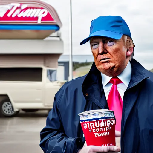 Image similar to cinematic shot of Donald Trump wearing a bucket hat and a rain jacket and shorts holding a can of Arizona Tea and standing outside of a gas station, 8k, very intricate, very detailed,