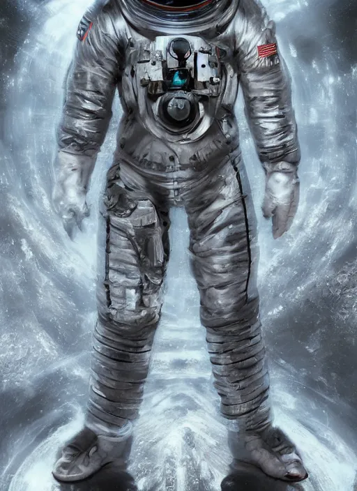 Image similar to concept art by craig mullins infrared complex and hyperdetailed technical astronaut suit in futuristic dark and empty spaceship underwater. reflection and dispersion materials. rays and dispersion of light. volumetric light. 5 0 mm, f / 3 2. noise film photo. flash photography. unreal engine 4, octane render. interstellar movie art