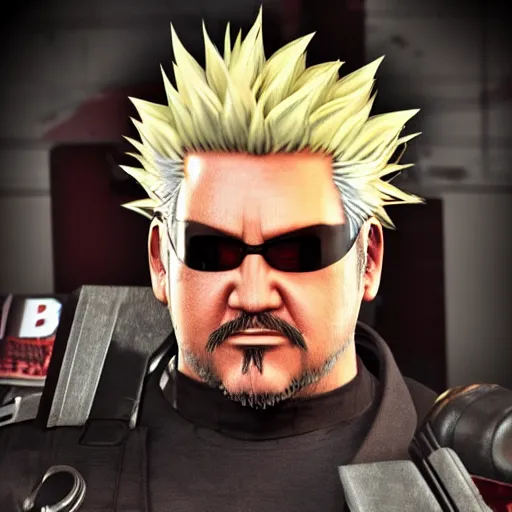 Image similar to Guy Fieri as a Metal Gear Solid Villain 2005 JRPG cinema 4d render, Ray tracing reflection, natural lighting, Unreal Engine award winning photography