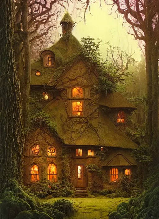 Image similar to hyper realistic witch cottage rococo in the woods gorgeous lighting, highly detailed, lush forest painting by zdzisław beksinski and norman rockwell and greg rutkowskiweta studio, and lucasfilm