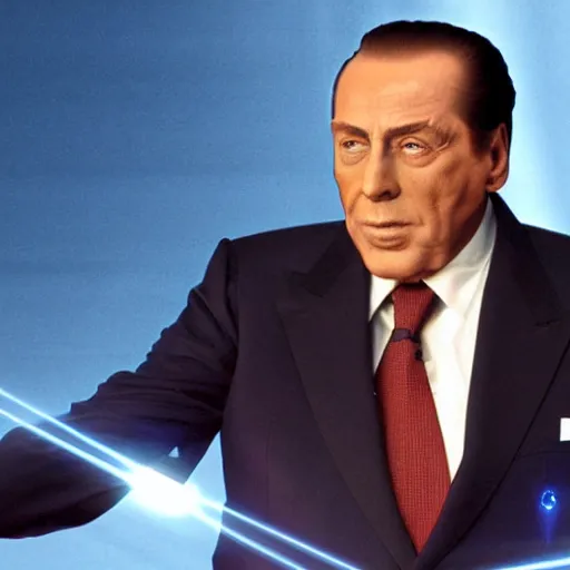 Prompt: silvio berlusconi as homelander ( the boys ) projecting laser from his eye