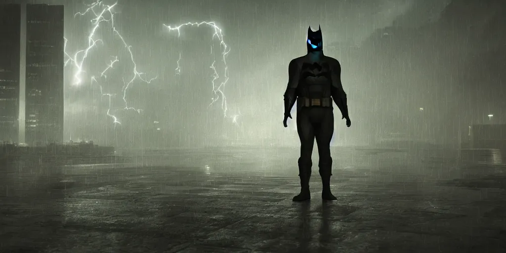 Image similar to Enki Bilal Style Batman, volumetric lightning, reflections, octane render 8K