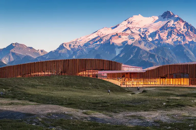 Image similar to architecture photo modern fachwerk wooden giant opera building settlement with Elbrus mountain on the background, architecture, photorealism 8k , shining and happy atmosphere, uplight, high details