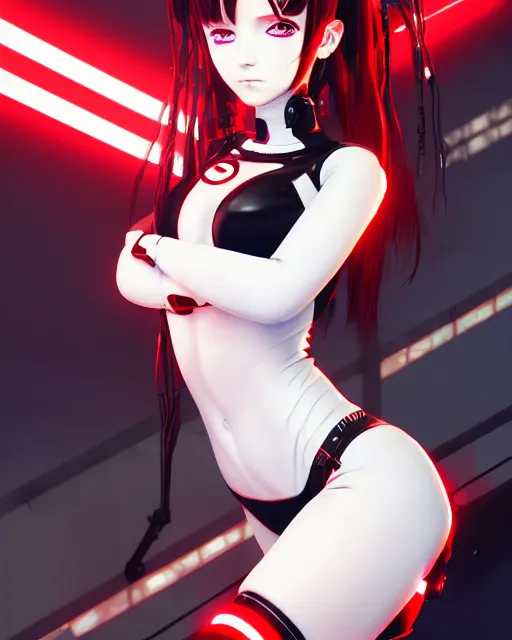 Prompt: a detailed potrait of a cyberpunk cyborg girl with black and red parts, white stockings, white swimsuit, perfect face, realistic shaded perfect face, detailed. night setting. very anime style. realistic shaded lighting poster by ilya kuvshinov katsuhiro, unreal engine, global illumination, radiant light, detailed and intricate environment, full length and white stockings