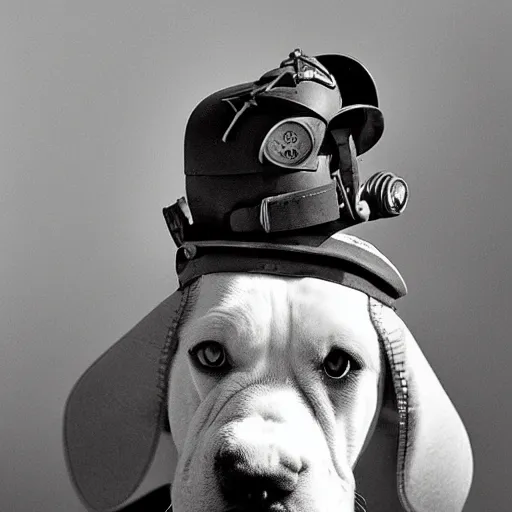 Image similar to portrait of a bulldog wearing royal air force 1942 fighter pilot uniform and head gear