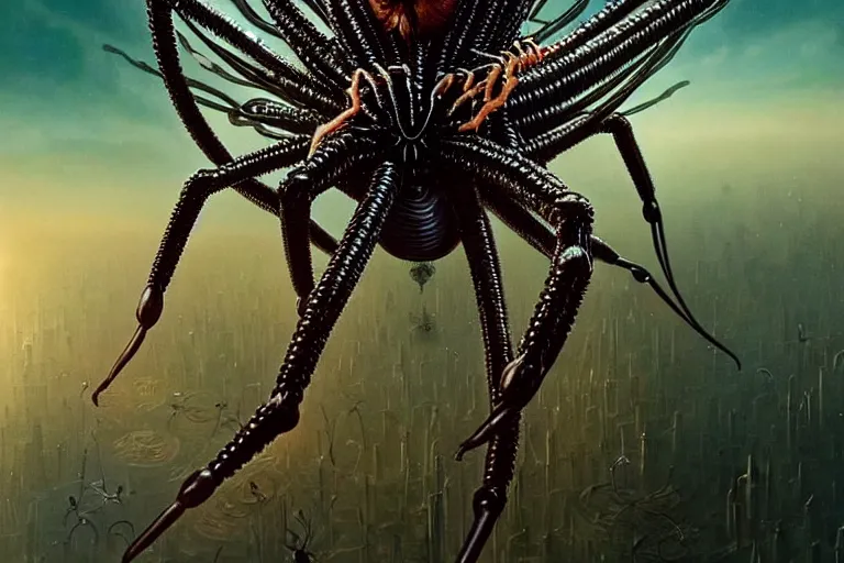 Image similar to realistic detailed closeup portrait movie shot of a beautiful black woman riding a giant spider, dystopian city landscape background by denis villeneuve, amano, yves tanguy, alphonse mucha, max ernst, kehinde wiley, ernst haeckel, caravaggio, roger dean, cyber necklace, rich moody colours, sci fi patterns, wide angle