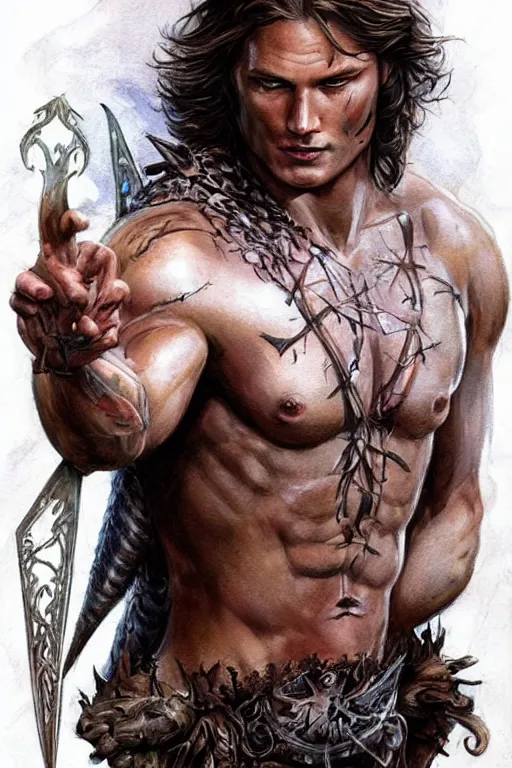 Prompt: front portrait of attractive sam winchester as a druid warrior, clothes torn apart, muscular chest tattooed with runes and symbols, d & d!, fantasy style, sharp focus!, ultra detailed, art by artgerm and peter andrew jones, wlop