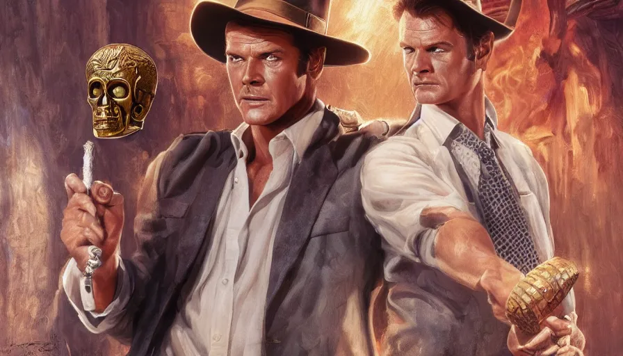 Prompt: young roger moore as indiana jones holding a whip in left hand and holding a golden mayan skull in the right hand, grey background, hyperdetailed, artstation, cgsociety, 8 k