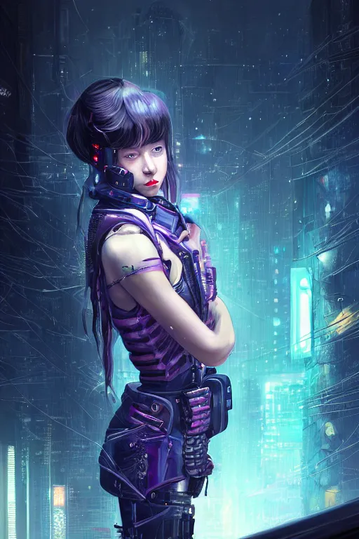 Image similar to portrait futuristic confidence cyberpunk young female Musketeer, in futuristic stormy heavy snowy tokyo rooftop cyberpunk night, ssci-fi, fantasy, intricate, very very beautiful, elegant, neon light, highly detailed, digital painting, concept art, human anatomy, soft light, hdri, smooth, sharp focus, illustration, art by tian zi and craig mullins and WLOP and alphonse mucha