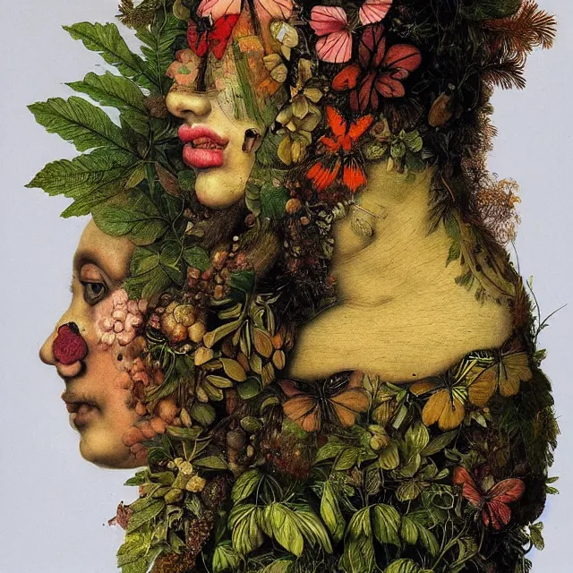 Image similar to a beautiful profile portrait of a beautiful female, leaves, by giuseppe arcimboldo,, psychedelic, surreal, dreamlike, environmental friendly, nature.