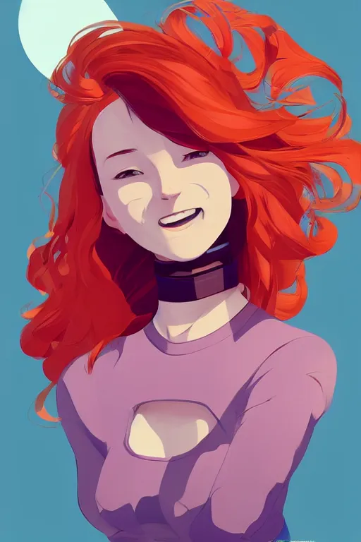 Image similar to clean cel shaded vector art concept art of curvacious redhead cyborg woman softly smiling at camera wearing 👖 and 👕 illustration by lois van baarle, artgerm, helen huang, by makoto shinkai and ilya kuvshinov, rossdraws, illustration, art by ilya kuvshinov