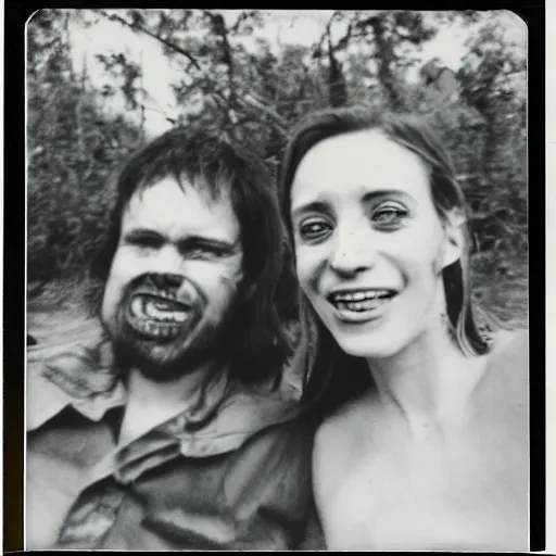 Image similar to polaroid of a happy couple looking into the camera during a zombie apocalypse