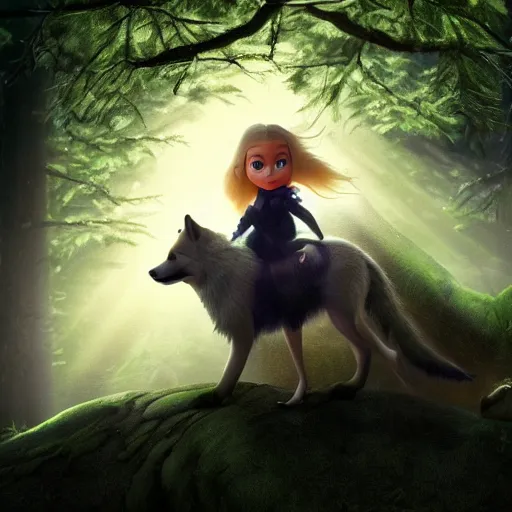 Image similar to medium shot young girl, blond hair green eyes, astride a gray wolf, in a dark forest, mysterious, backlit, beautiful still from a pixar dreamworks movie, trending on artstation