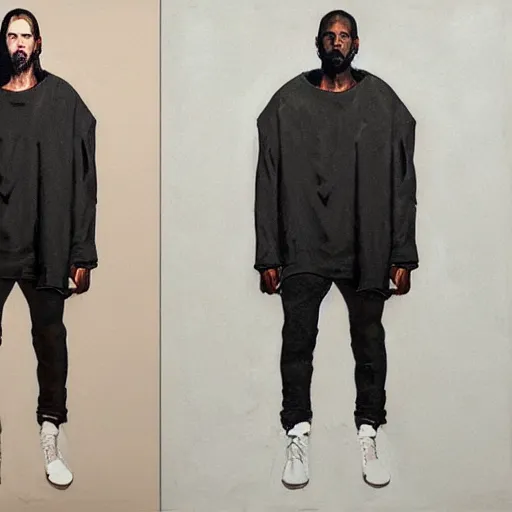 Image similar to a full body lookbook portrait of modern - day jesus wearing cream yeezy and fear of god menswear collection by nicola samori, detailed, oil painting, hyper - realistic, 8 k, yeezy collection