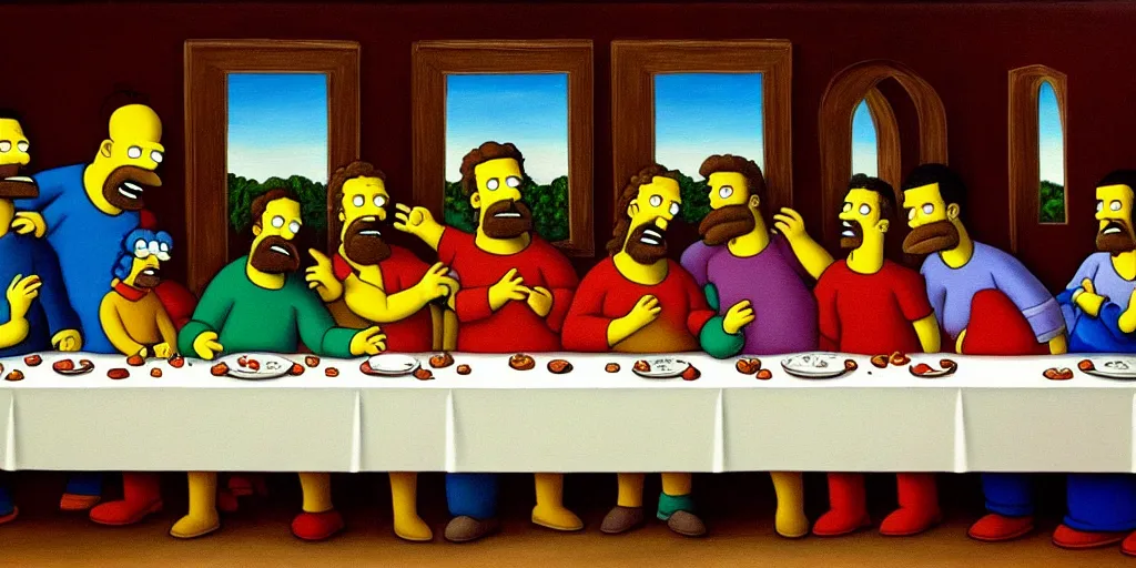 Image similar to last supper styled as simpsons, art, trending in artsation, winning award painting, oleo style,