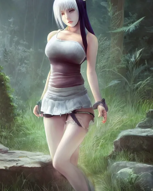 Image similar to tifa lockhart with white hair, beautiful face, very shy, elegant clothes, introverted, garden, utopian city, solarpunk, perfect, attractive, illuminated, ultra realistic, atmosphere, cinematic, artstation, highly detailed, art by dmitry prozorov