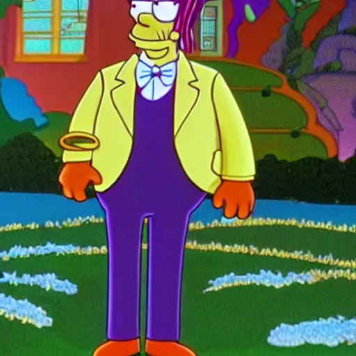 Prompt: A still of Homer Simpson as Willy Wonka from Charlie and the Chocolate Factory (2005). Extremely detailed. Beautiful. 4K. Award winning.