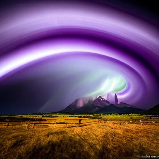 Image similar to amazing photo of a purple tornado in the sky by marc adamus, beautiful dramatic lighting