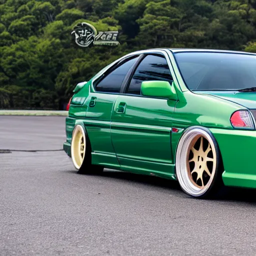 Image similar to four-door green jdm acura integra at a japanese car meet, lowered with hre wheels