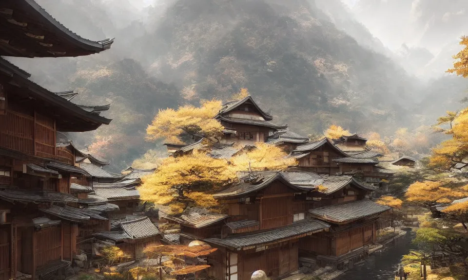 Prompt: Japanese village in the mountains, Greg Rutkowski, ArtStation, CGSociety, Unreal Engine