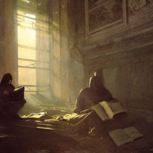 Image similar to half portait of magican wearing a closed cowl and reading big old book! jeremy mann, jean leon gerome, tiepolo, alphonse mucha, greg rutkowski, face in the shadows, ( ( ruins of ancient rome ) ), at dusk, mysterious atmosphere, sunrays, dof, masterpiece, high detailed, 8 k