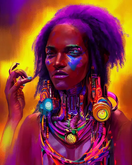 Image similar to colorful character portrait of a black female hippie, set in the future 2 1 5 0 | highly detailed face | very intricate | symmetrical | cinematic lighting | award - winning | painted by mandy jurgens | pan futurism, dystopian, bold colors, cyberpunk, groovy vibe, anime aesthestic | featured on artstation