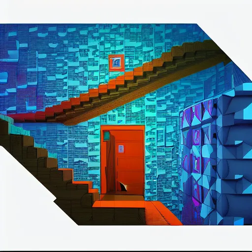 Prompt: a drawing of a room with a staircase, a computer rendering by kilian eng, cg society contest winner, psychedelic art, op art, isometric, voxel art, vaporwave