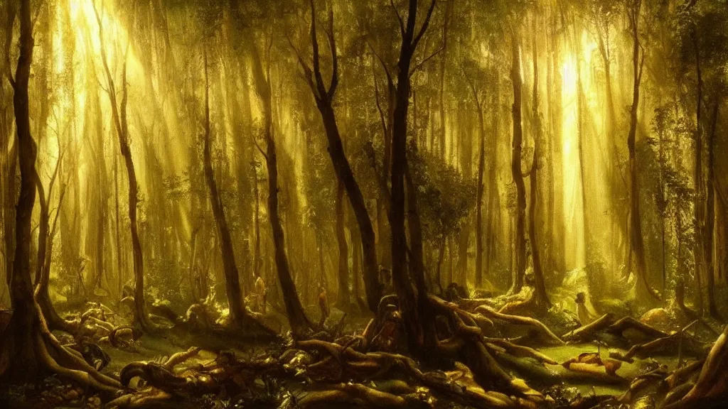 Prompt: A Leonardo da Vinci oil painting of a hauntingly beautiful elven forest in the morning; rays of light coming through the canopy; trending on artstation; extraordinary masterpiece!!!!!!; 8k