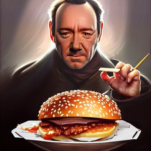 Prompt: Kevin Spacey eating big macs, dripping BBQ Sauce, serving happy meals, D&D, spilling ketchup, fantasy, intricate, elegant, highly detailed, digital painting, artstation, concept art, matte, sharp focus, illustration, hearthstone, art by Artgerm and Greg Rutkowski and Alphonse Mucha