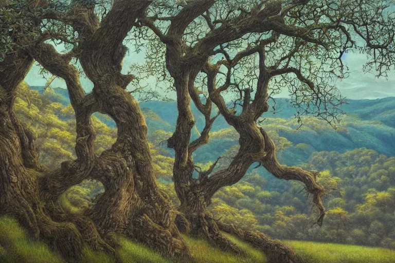 Prompt: masterpiece painting of oak trees on a hillside overlooking a creek, dramatic lighting, by chie yoshii