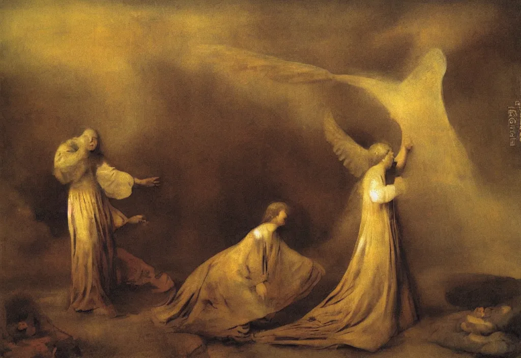 Prompt: the annunciation by Odd Nerdrum, by Francisco Goya, by Francis Bacon, beautiful, eerie, surreal, colorful