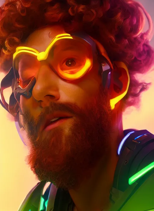 Image similar to glowwave portrait of curly orange hair man from overwatch, au naturel, hyper detailed, digital art, trending in artstation, cinematic lighting, studio quality, smooth render, unreal engine 5 rendered, octane rendered, art style by klimt and nixeu and ian sprigger and wlop and krenz cushart.