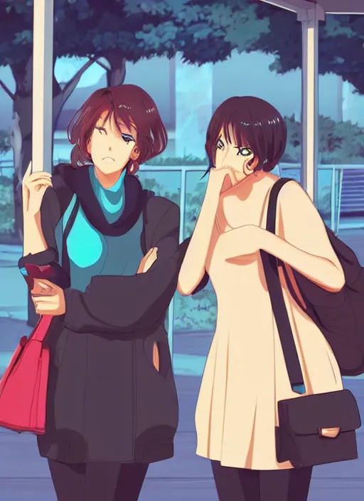 Prompt: two beautiful mature women waiting at a bus stop, summer clothes, gorgeous faces, thick lines, cinematic lighting, detailed anime art