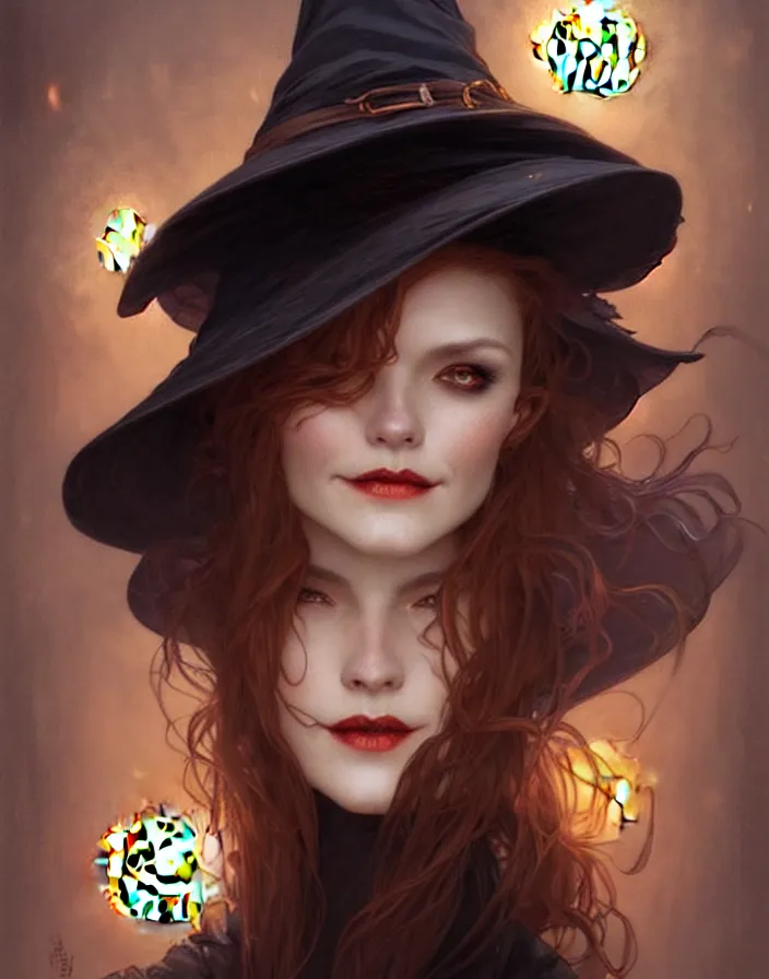 Image similar to halloween witch woman in a hat smiles, fantasy magic, undercut hairstyle, dark light night, intricate, elegant, sharp focus, illustration, highly detailed, digital painting, concept art, matte, art by wlop and artgerm and greg rutkowski and alphonse mucha, masterpiece