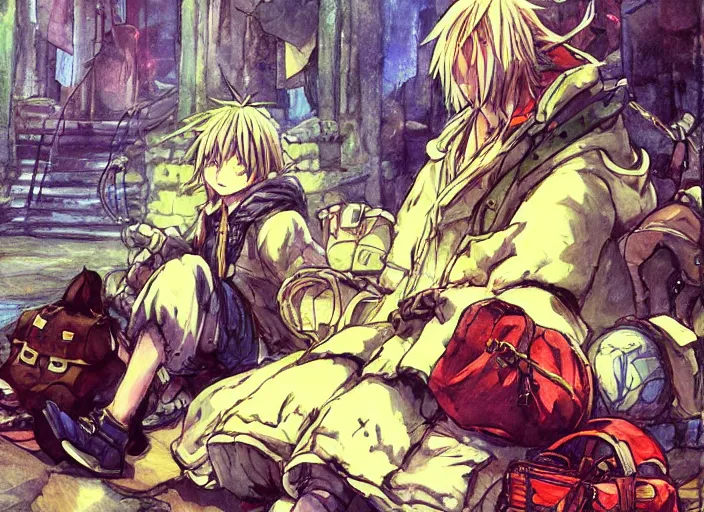 Prompt: JRPG art, a fullbody illustration of a mysterious wandering merchant sitting down wearing a large, tall backpack piled high with textiles, furs, and miscellaneous objects, in the style of yoshitaka amano