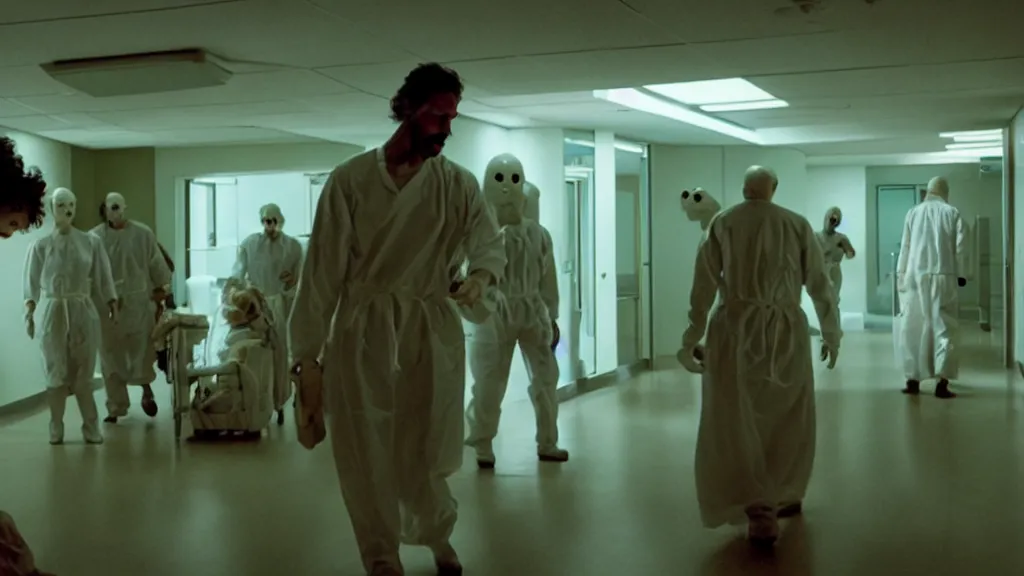 Image similar to monsters invade the hospital, film still from the movie directed by denis villeneuve and david cronenberg with art direction by salvador dali