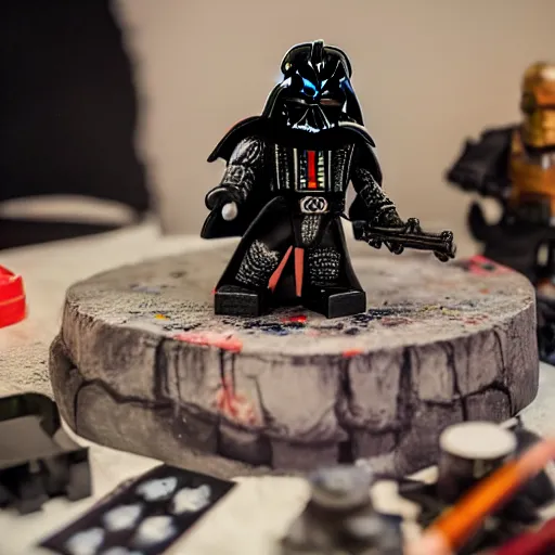 Image similar to Darth Vader painstakingly paints Warhammer 40,000 space marine minifigures at a table with a bright lamp, realism, depth of field, focus on darth vader,