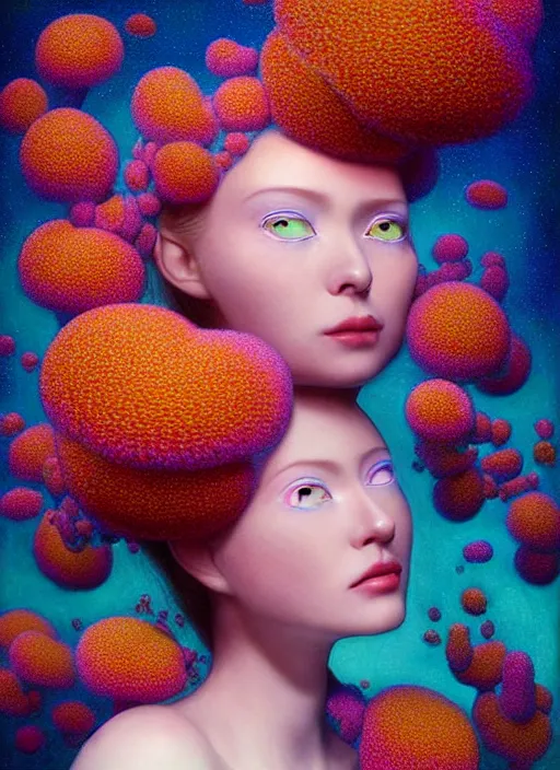 Image similar to hyper detailed 3d render like a Oil painting - kawaii portrait Aurora (coral haired Singer Ferret) seen Eating of the Strangling network of yellowcake aerochrome and milky Fruit and Her delicate Hands hold of gossamer polyp blossoms bring iridescent fungal flowers whose spores black the foolish stars by Jacek Yerka, Mariusz Lewandowski, Houdini algorithmic generative render, Abstract brush strokes, Masterpiece, Edward Hopper and James Gilleard, Zdzislaw Beksinski, Mark Ryden, Wolfgang Lettl, hints of Yayoi Kasuma, octane render, 8k