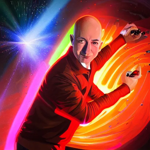 Prompt: jeff bezos shooting laser beams from his eyes, lazer, neon, sci - fi, glowing lights, sharp focus, art by artgerm, 8 k, k _ euler