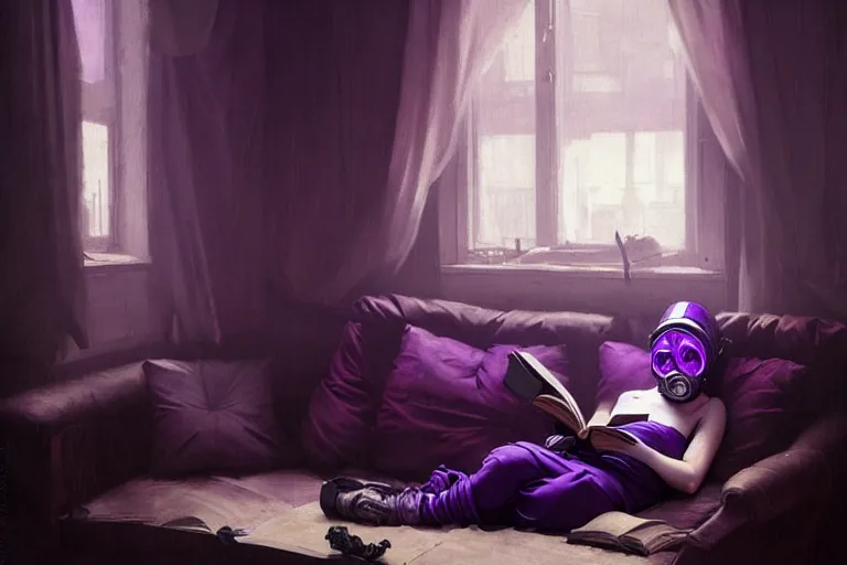 Image similar to girl with wearing a gas mask lying on the sofa reading a book in her room, in the style of greg rutkowski, intricate and epic composition, purple by caravaggio, insanely quality, highly detailed, masterpiece, purple light, artstation, 4 k